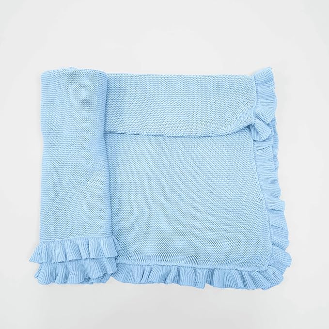 Ruffle Knit Blanket for Baby - 100% Luxury Soft Cotton Knit Warm Cozy Cuddle Stroller Crib Blanket for Newborns, Infants, & Toddlers (Baby Blue)