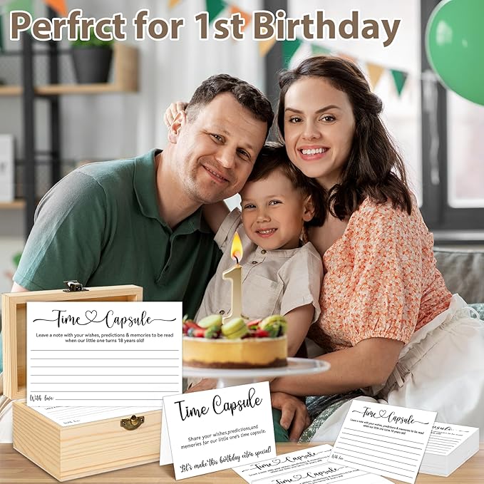 Time Capsule Box 1st Birthday, Baby Time Capsule Box for First Birthday Party Games, 50Pcs Advice and Wishes Cards Gift Keepsake Box for Baby Shower Decorations Games