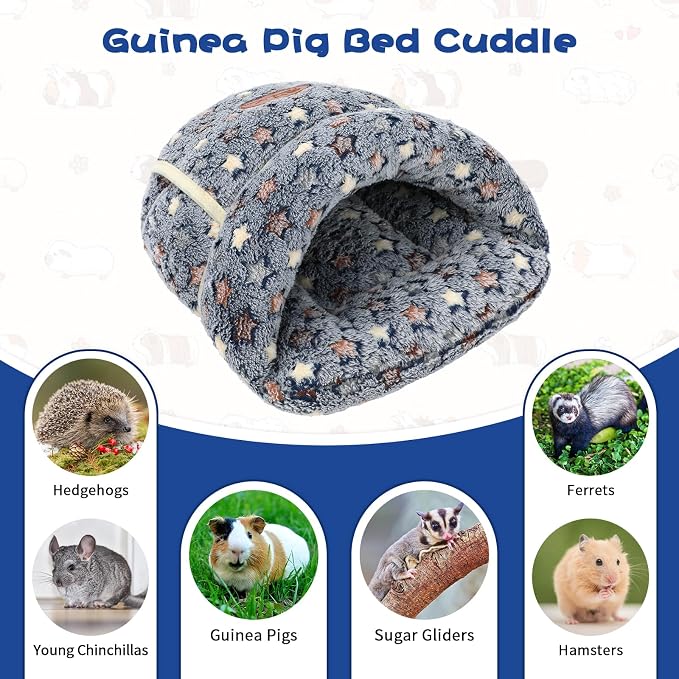 YUEPET Guinea Pig Bed, Warm Fleece Slipper Cuddle Cave, Grey Star | Cozy Guinea Pig House, Portable Guinea Pig Hideout, Soft Coral Fleece, Washable Cushion, Folds Flat