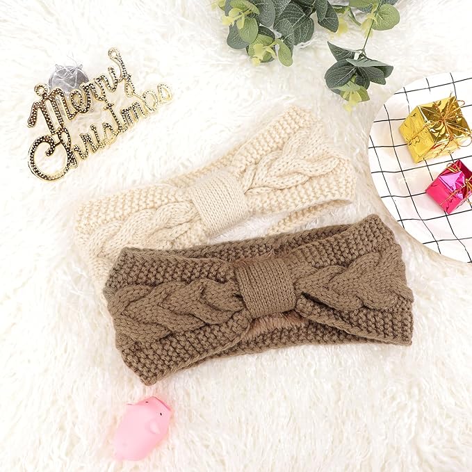 AQOKKA Knit Winter Headbands for Women Fuzzy Wool Fleece Lined Ear Warmers Elastic Turban Crocheted Head Wrap Winter Accessories for Women Cold Weather