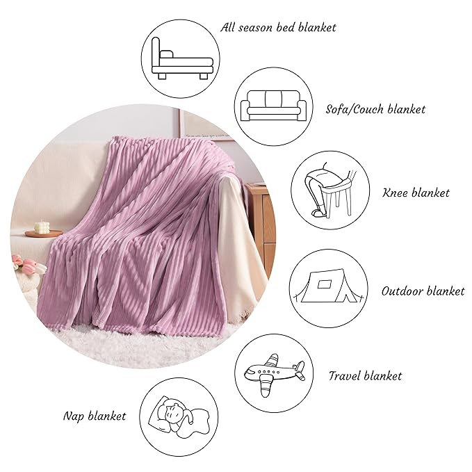 NTBAY Plush Flannel Twin Bed Blanket, 60x80 Inches Soft and Warm Lightweight Bed Blanket with Striped Texture for Couch, Sofa, All Seasons, Light Purple