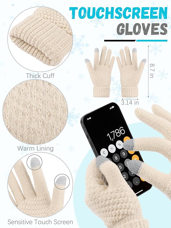Winter Beanie Hat Scarf Gloves, Warm Fleece Knit Hats Touch Screen Gloves Neck Scarf Set Winter Gifts for Unisex Adult