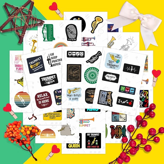 100Pcs Trumpet Stickers for Water Bottle and Laptop - Musical Party Supplies & Decorations, Waterproof Vinyl Instrument Decals, Trumpet and Jazz Stickers Laptop Decals, Gifts for Women & Men
