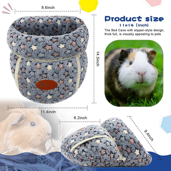 YUEPET Guinea Pig Bed, Warm Fleece Slipper Cuddle Cave, Grey Star | Cozy Guinea Pig House, Portable Guinea Pig Hideout, Soft Coral Fleece, Washable Cushion, Folds Flat