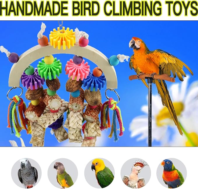 Corn cob and wooden mango combination natural wooden parrot chew toy | Colorful gear beads and ropes, safe to bite and relieve boredom, are ideal cage decorations for medium to large parrots