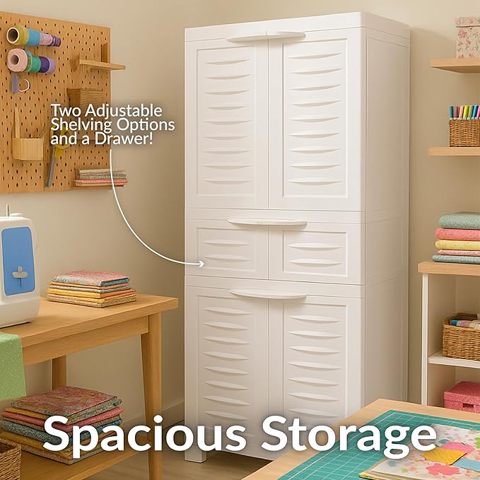 Sunnydaze 57" H Resin Garage Storage Cabinet - Garage Cabinet with 2 Adjustable Shelves - Freestanding Utility Storage for Laundry Room, Office, Basement - Speckled White