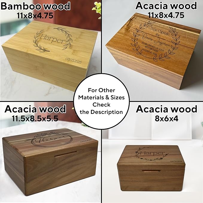 Custom Baby Memory Box for Kids- 1st Birthday Keepsake Gifts for Babies, Engraved First Birthday Memory Time Capsule Box with Hinged Lid, Unique Shower Baby Gift, Memento Chest Memorabilia, 8x6x4 in