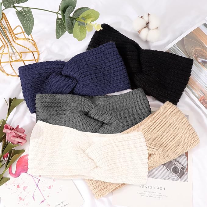 AQOKKA Knit Winter Headbands for Women Fuzzy Wool Fleece Lined Ear Warmers Elastic Turban Crocheted Head Wrap Winter Accessories for Women Cold Weather