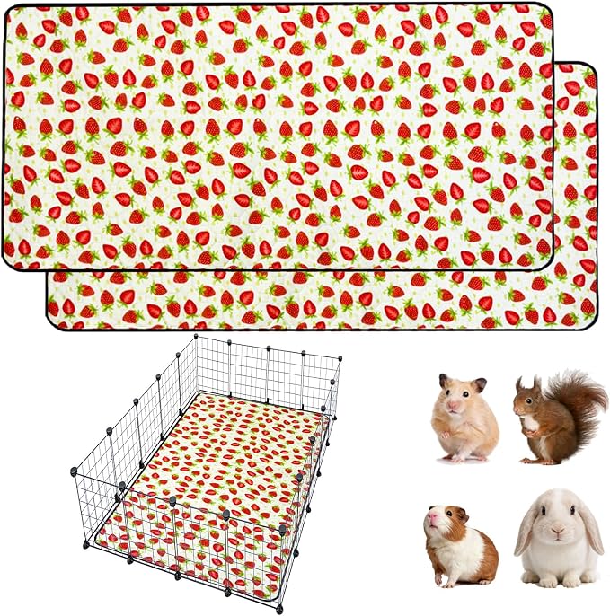 2 Pack Guinea Pig Cage Liners, 48"x 60" Washable Waterproof Bedding for Rabbit, Bunny, Hamster & Small Animals, Reusable Super Absorbent Pee Pads for C&C Cage, Strawberry Print