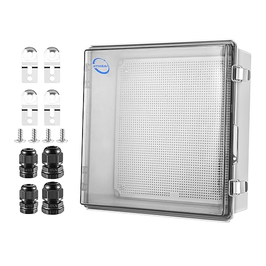Waterproof Outdoor IP67 Junction Box (13"x13"x5.1") with Mounting Plate, Hinged Clear Cover and Wall Brackets - Weatherproof ABS Plastic Electrical Enclosure for DIY Projects (330x330x130mm)