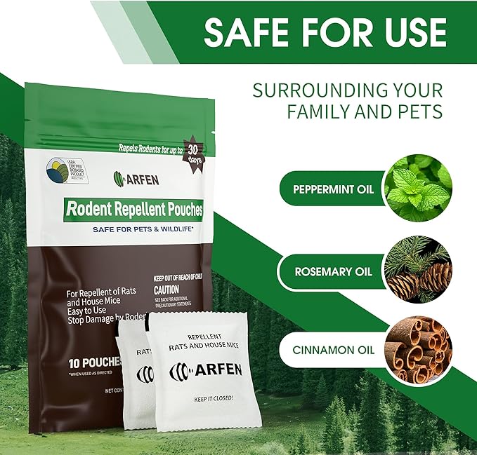 Rodent Repellent Pouches, Peppermint Oil, All Natural, Plant Powered, Repel Mice and Rat, Squirrels, Mouse Repellent, Keep Mice Out from Indoor/Car/RV/Boat/Garage/Cabin,10 Pouches