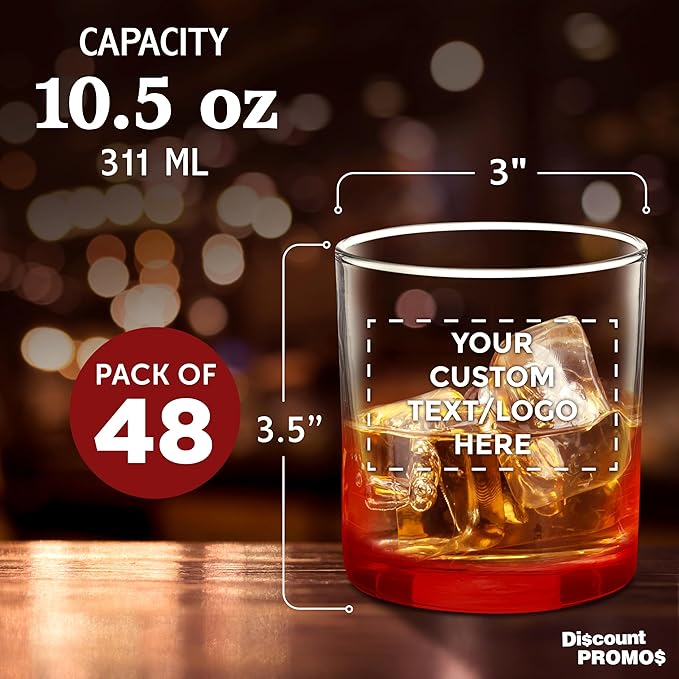 Custom Lexington Rocks Whiskey Glass 10.5 oz, Set of 48, Personalized Bulk Pack - Perfect for Scotch, Bourbon, Whiskey, Cocktail - Red
