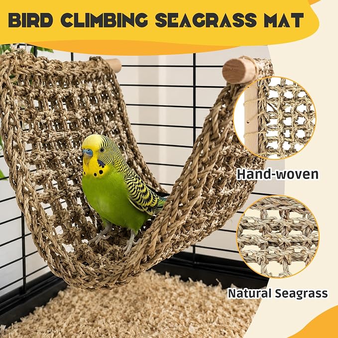 FlidRunest Extra-Large 21.6x7.8IN Conure Ladder Perch for Cage, Bird Seagrass Ladder Bridge Exercise Stands, Natural Hand-Woven Parrot Net Climbing Chewing Hammock, Cage Accessories for Conure Budgie