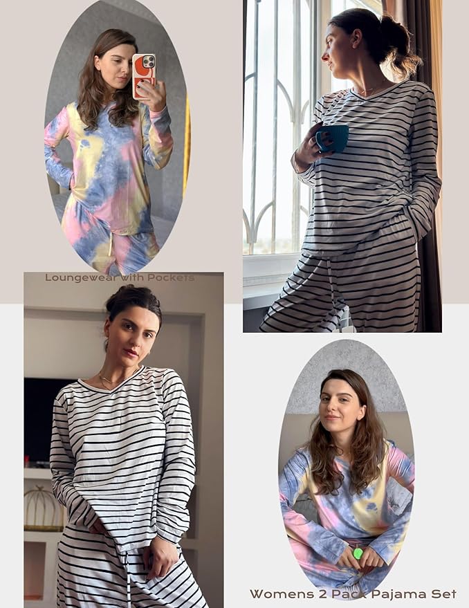 Ekouaer Womens 2 Pack Pajama Set Long Sleeve Pajamas Top and Pants V Neck Pjs Set Soft Loungewear with Pockets