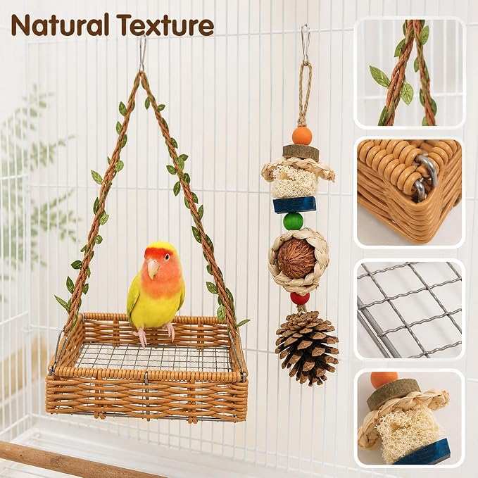 Bird Toys, Natural Parrot Chew Toy with Hanging Foraging Basket Hammock, Bird Shredding Foraging Toys for Parakeet Cockatiel Conure Cage Accessories