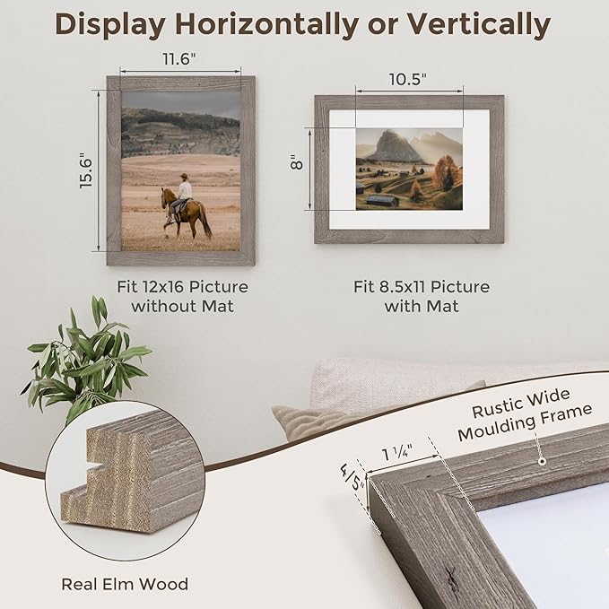 Fun Memories 12 x16 Wood Picture Frame, Wall Mounting Photo Frame, Display Pictures 8.5x11 with Mat or 12x 16 Without Mat, 12x16 Rustic Picture Frame with Real Tempered Glass, Grey, 1 Pack