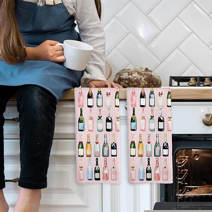 Pink Champagne Kitchen Towels Set of 2, Champagne Accessories Home Bar Bathroom Decor, Champagne Gifts for Women, Cocktail Gift Bachelorettes Decorative Tea Dish Towels 16x24 Inch
