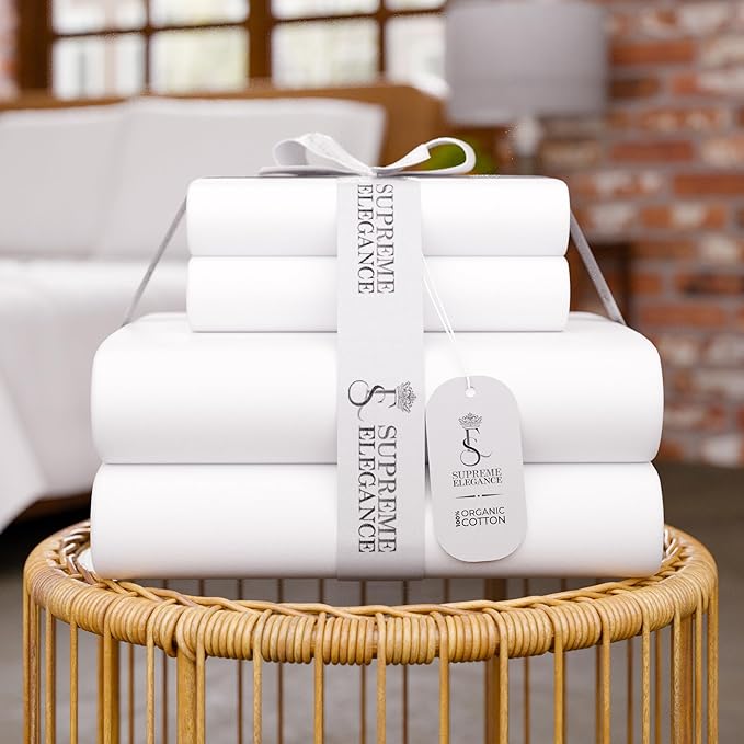 Supreme Elegance 100% Organic Cotton King Sheet Set – Crisp Percale, Lightweight & Breathable – Snow White Bed Sheets, Deep Pocket up to 18” – Naturally Cooling, Soft, Eco-Friendly, All Season Comfort