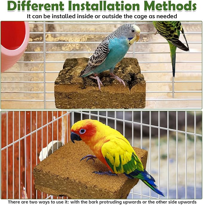 kathson 2Pcs Natural Cork Bird Perch Stand Platform Small Birds Thicken Wooden Square Stand Perch Parakeet Chewing Toy Cage Accessories for Lovebirds Cockatiels Conures(Single Screw, 1.2 in Thick)