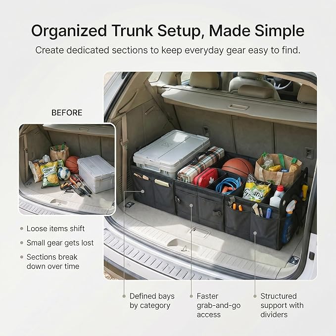 1680D Trunk Organizer with Lid, Extra-Large 114L Collapsible Cargo Organizer for SUVs, Trucks & Large Cargo Areas, Rigid PP Panels, 800D x 800D Weave, Water-Repellent, Anti-Sag Design