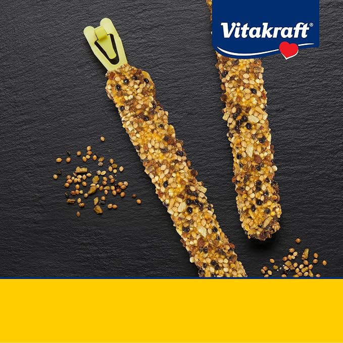 Vitakraft Crunch Sticks Parakeet Treat – 2 Sticks – Sesame and Banana Flavor - Triple Baked with Natural Wood Chew Center - Added Vitamins and Minerals with Cage Clip Holder