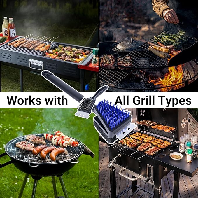 Nylon Grill Brush Cleaning Kit, No Wire Bristle BBQ Brush with Scraper, Safe Barbecue Cleaning Kit for Gas Charcoal Grill Grates, Heat Resistant Outdoor Grill Cleaner, Gift for Men Dad 2-Piece Set