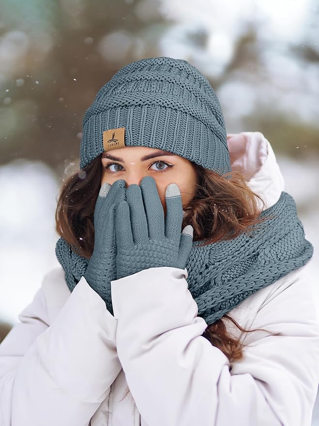 Winter Beanie Hat Scarf Gloves, Warm Fleece Knit Hats Touch Screen Gloves Neck Scarf Set Winter Gifts for Unisex Adult
