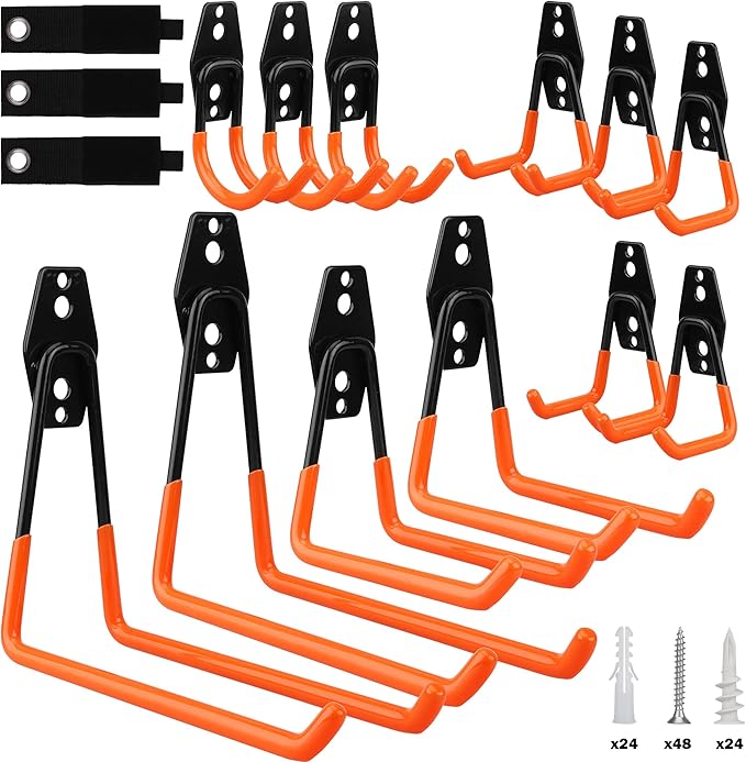 Garage Tool Storage Wall Hook Assortment Set: 15PCS Heavy Duty Large Hanger Garden Tool Organizer Ladder Bike Rack Yard Tool Holder Shed Shovel Metal Screw Organization Bicycle Steel Bracket, Orange