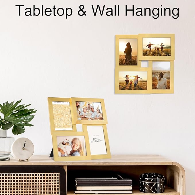 4x6 Collage Picture Frame,4 Photo Frame with Real Glass,Family Picture Frame Collage Wall Hanging or Tabletop Display,Gold