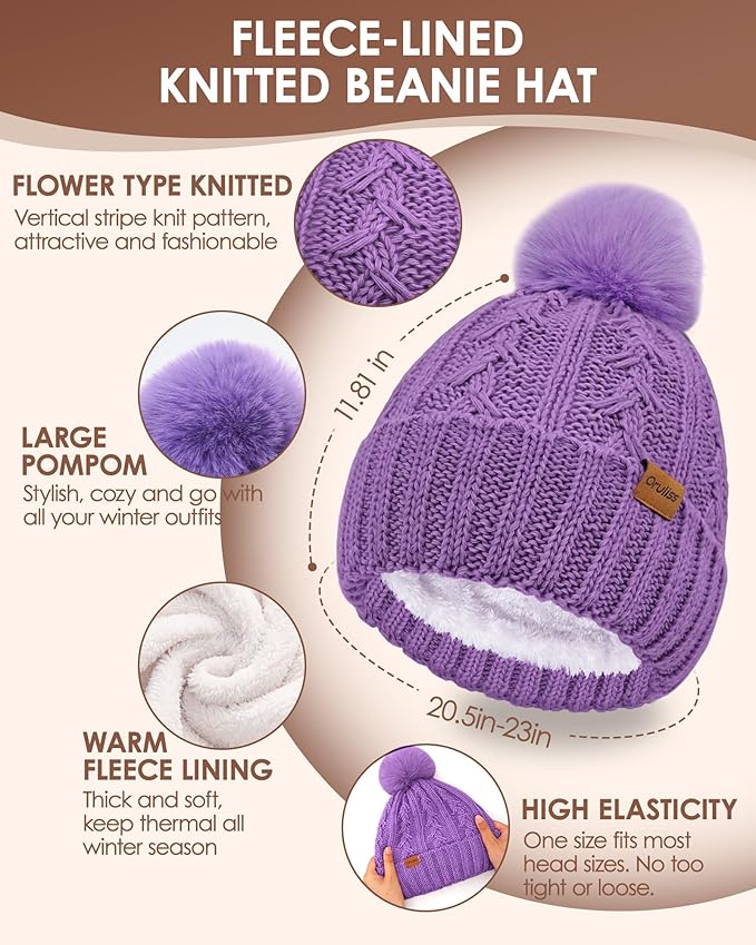 Womens Winter Beanie Hat Scarf Gloves Set, Fleece Lined Knitted Hat with Pompom Long Scarf Touchscreen Mittens for Women Men