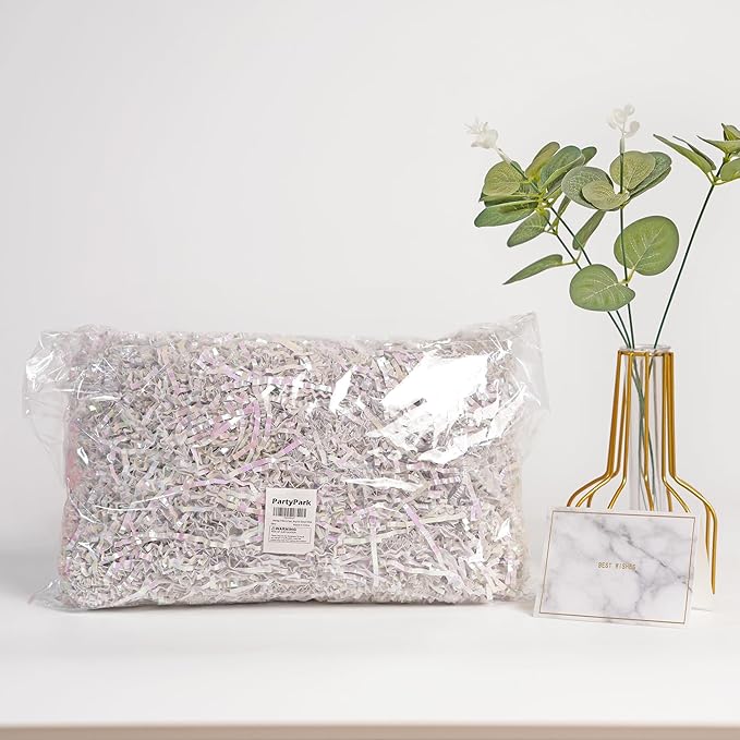Bobobag - 1LB Crinkle Cut Paper Shred Filler Recyclable Gift Wrap Confetti Raffia Grass Shiny Shred Paper for Easter Baskets Filler Creative Eggs Decor(Diamond White)