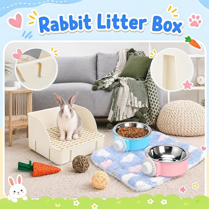 Reallnaive 15 Pcs Rabbit Starter Kit Small Rabbit Litter Box Girls Gift Animal Grooming Kit Bunny Toys Bowl Blankets with Cleaning Set for Guinea Pig Accessories(Cream White)