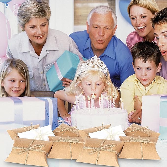 BallHull Kraft Paper Pillow Candy Box, Foldable Gift Box with Jute Rope for Weddings, Parties, Birthdays, Holidays, 60 Pcs