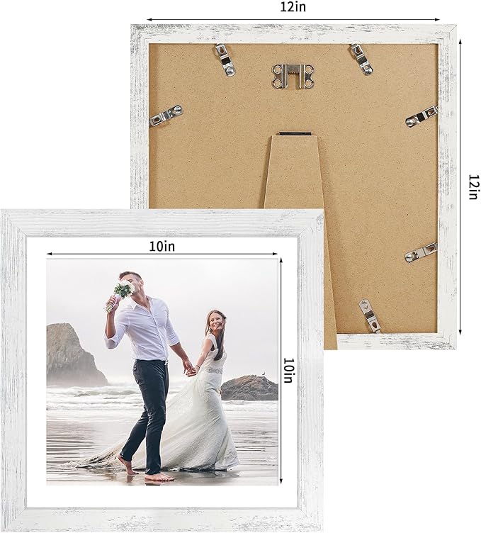 iRahmen 12x12 Picture Frame Set of 4 with Tempered Glass, Display 10x10 Pictures with Mat or 12 x 12 Without Mat, Wooden Photo Frames for Tabletop Display and Wall Mounting