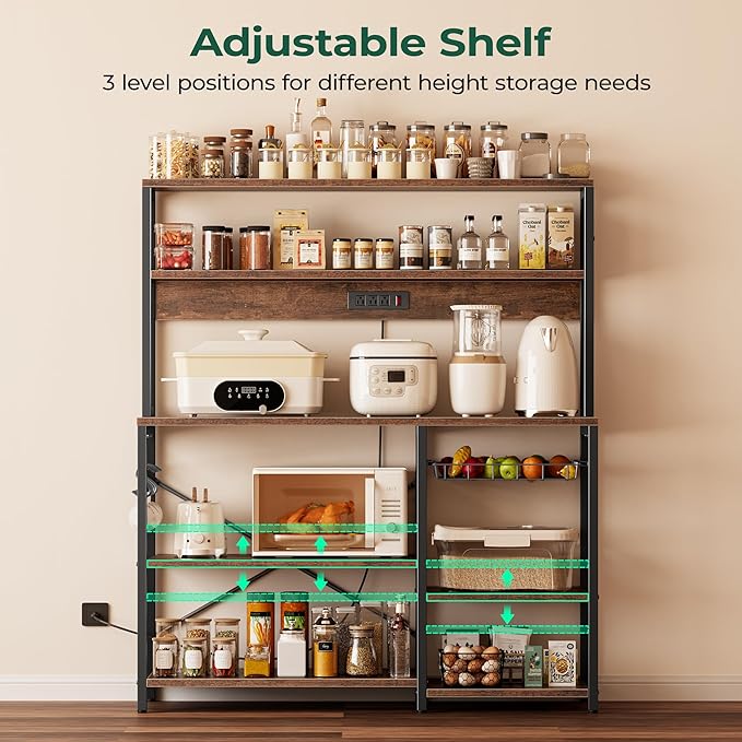 SUPERJARE Bakers Rack with Power Outlet, 47.2 Inches Coffee Bar with 3 Level-Adjustable Open Shelves, Wire Basket, Kitchen Microwave Stand with 6 S-Shaped Hooks, Rustic Brown
