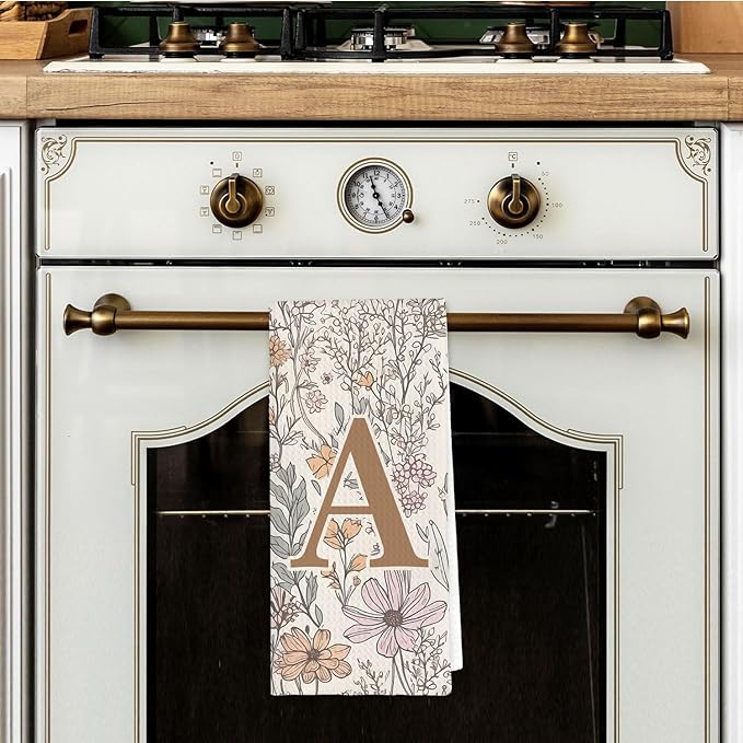 Initial A Personalized Floral Kitchen Towels Dish Towel, Custom Hand Towels for Bathroom, Monogrammed Gifts for Women Mom, Boho Floral Decorative Kitchen Towels Tea Towel, 16x24 Inch