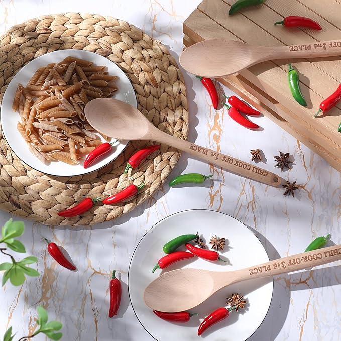 Soaoo Set of 3 Chili Cook Off Trophy Wooden Spoon Prizes Chili Engraved Cooking Spoons for 1st 2nd 3rd Cooking Competition Award(Carved at Handle)