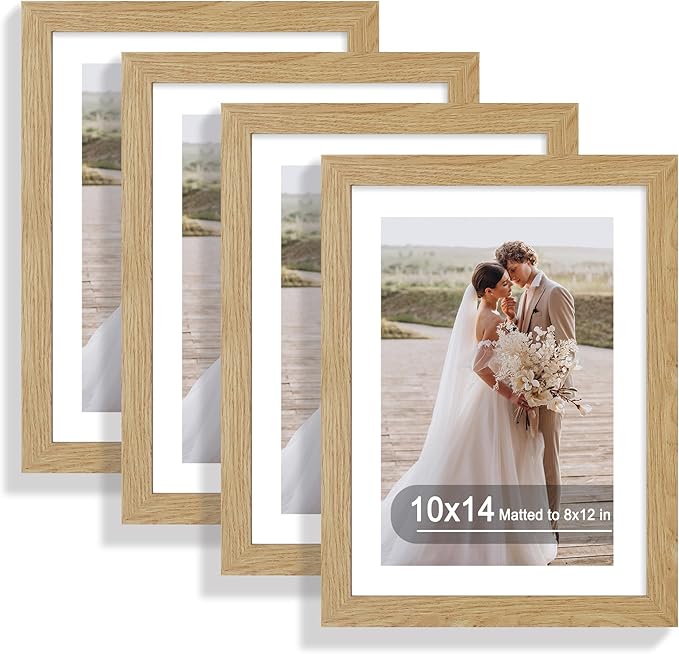 10x14 Picture Frame Set of 4, Made of Glass and Natural Oak Wooden Frame, Display 8x12 Pictures with Mat or 30 x 40cm Diamond Painting Art without Mat for Wall Mounting, Gallery Photo Frames