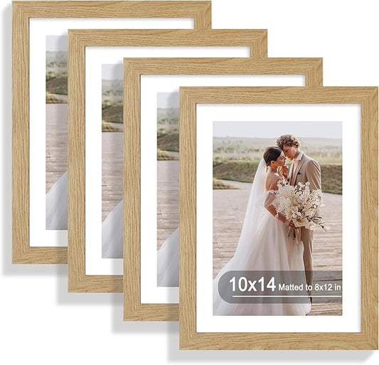 10x14 Picture Frame Set of 4, Made of Glass and Natural Oak Wooden Frame, Display 8x12 Pictures with Mat or 30 x 40cm Diamond Painting Art without Mat for Wall Mounting, Gallery Photo Frames