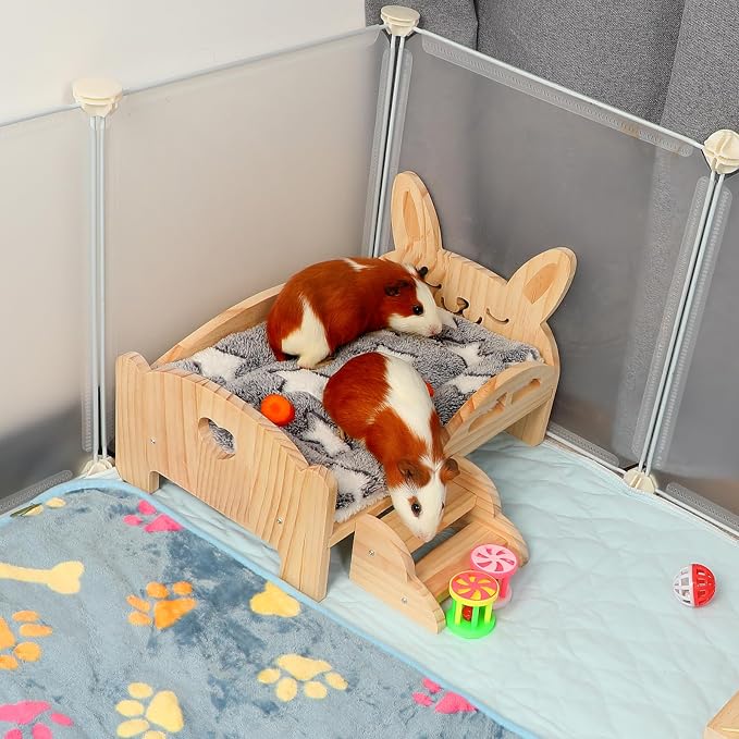 Rypet Wooden Guinea Pig Bed with Stairs & Mat, Bunny Bed Hideout | Cozy Small Animals Cushion Bed, Detachable Small Pet Hut Habitats, Cushion, Guinea Pig Hideout, Chinchillas and Ferrets