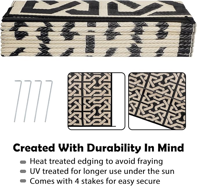 SAND MINE Reversible Mats, Plastic Straw Rug, Modern Area Rug, Large Floor Mat and Rug for Outdoors, RV, Patio, Backyard, Deck, Picnic, Beach, Camping, Trailer, Black & Beige, 9' x 18'