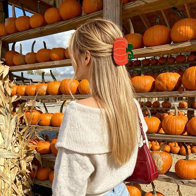 Cute Pumpkin Hair Clips for Women Fall Hair Claw Clips Vegetable Jaw Clips | Orange Pumpkin Hair Clamp with Lines Leaf Thanksgiving Day Hair Barrettes Autumn Winter Daily Holiday Hairstyle Accessory