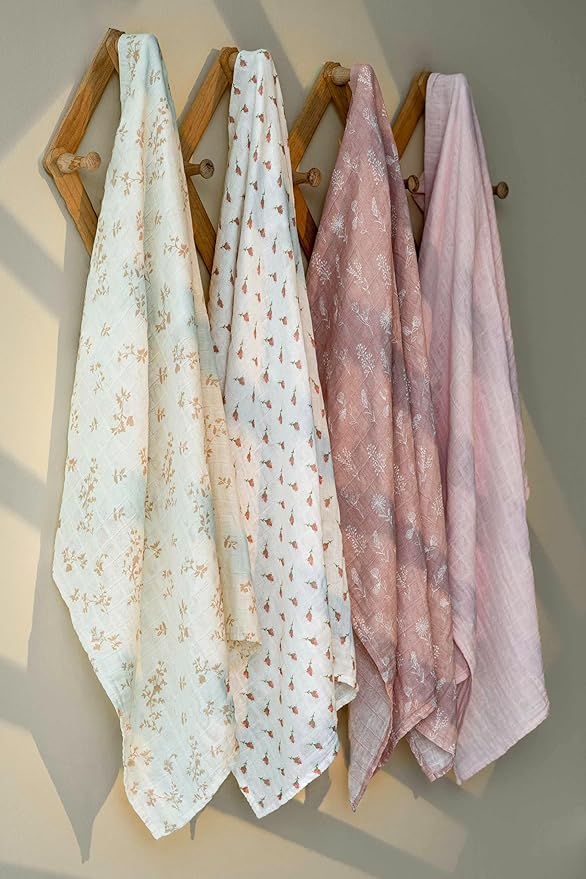 Muslin Swaddle Blankets for Newborn, 4 Pack Organic Cotton Baby Blankets for Girls, Large 31.5 x 43.3 Breathable Soft Receiving Blanket, Essentials Swaddle Wrap Burping Clothes, Flowers