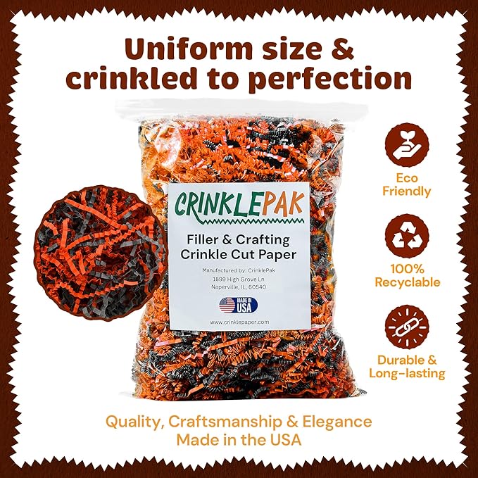 CrinklePak 1LB USA Made Halloween Crinkle Paper Filler | Great Shredded Paper For Gift Baskets, Shipping Packages, Gift Box Filler, Basket Filler, Birthdays, Weddings, Anniversaries | Crinkle Shred