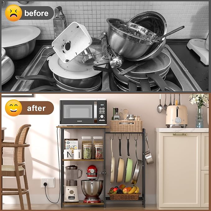 Kitchen Stand with Pots Rack, Utility Microwave Oven Stand with Storage, 5 Tiers Coffee Bar Table, Small Kitchen Bakers Rack with 6 S Hooks, Kitchen Storage Shelf Rack for Spices, Pots, Rustic Brown