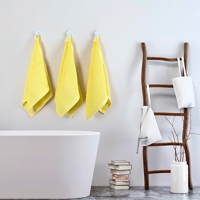 PÜSKÜL - Set of 3 Organic Waffle Hand Towel Yellow - Premium Quality, 100% Turkish Cotton, Soft, Quick-Dry, Absorbent, Lint-Free Face Kitchen Hand Towels (Light Yellow, Hand Towels - Pack of 3)