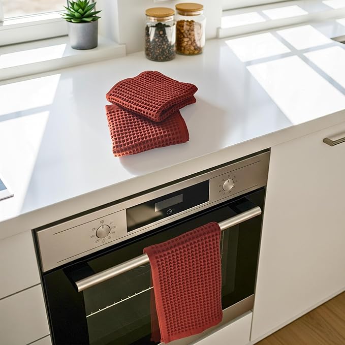 PÜSKÜL - Set of 3 Organic Waffle Hand Towel Red Brick - Premium Quality, 100% Turkish Cotton, Soft, Quick-Dry, Absorbent, Lint-Free Face Kitchen Hand Towels (Brick, Hand Towels - Pack of 3)