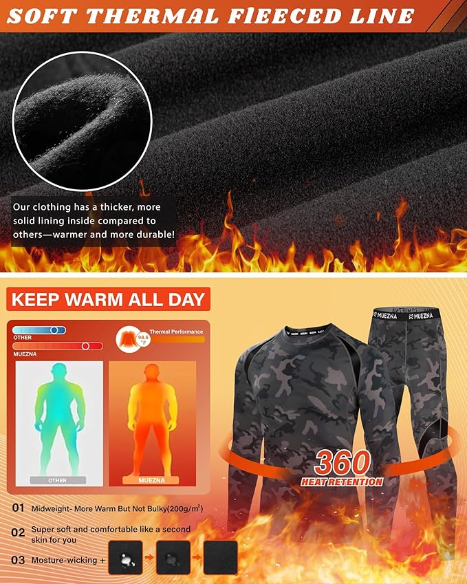 Muezna Men's Thermal Top and Bottom Set Underwear Long Johns Base Layer with Soft Fleece Lined