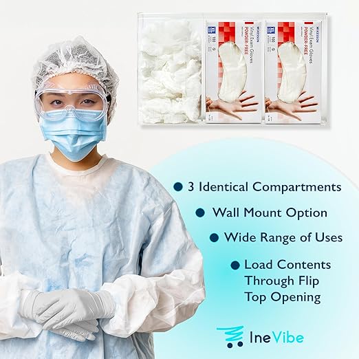 Triple Hygiene Holder - 3 Compartment Acrylic Dispenser with Lid for Hairnets, Glove Boxes, Face Masks, Plastic Bags, Tissue Boxes in Home or Medical Setting - Counter or Wall Mount (Triple)
