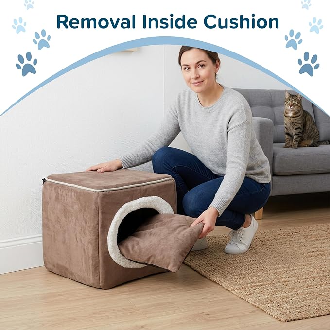 Cat House - Indoor Bed with Removable Foam Cushion - Cat Cave for Puppies, Rabbits, Guinea Pigs, and Other Small Animals by PETMAKER (Light Brown)